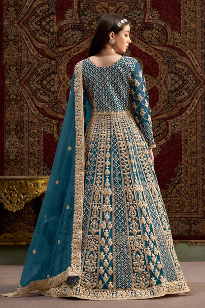 Blue Heavy Net Wonderful Embroidery Worked Pakistani Wedding Wear Anarkali Gown