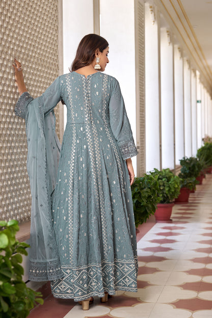 Turquoise Colored Faux Georgette Anarkali Gown Suits With Heavy Organza Dupatta - Marriott Fashion