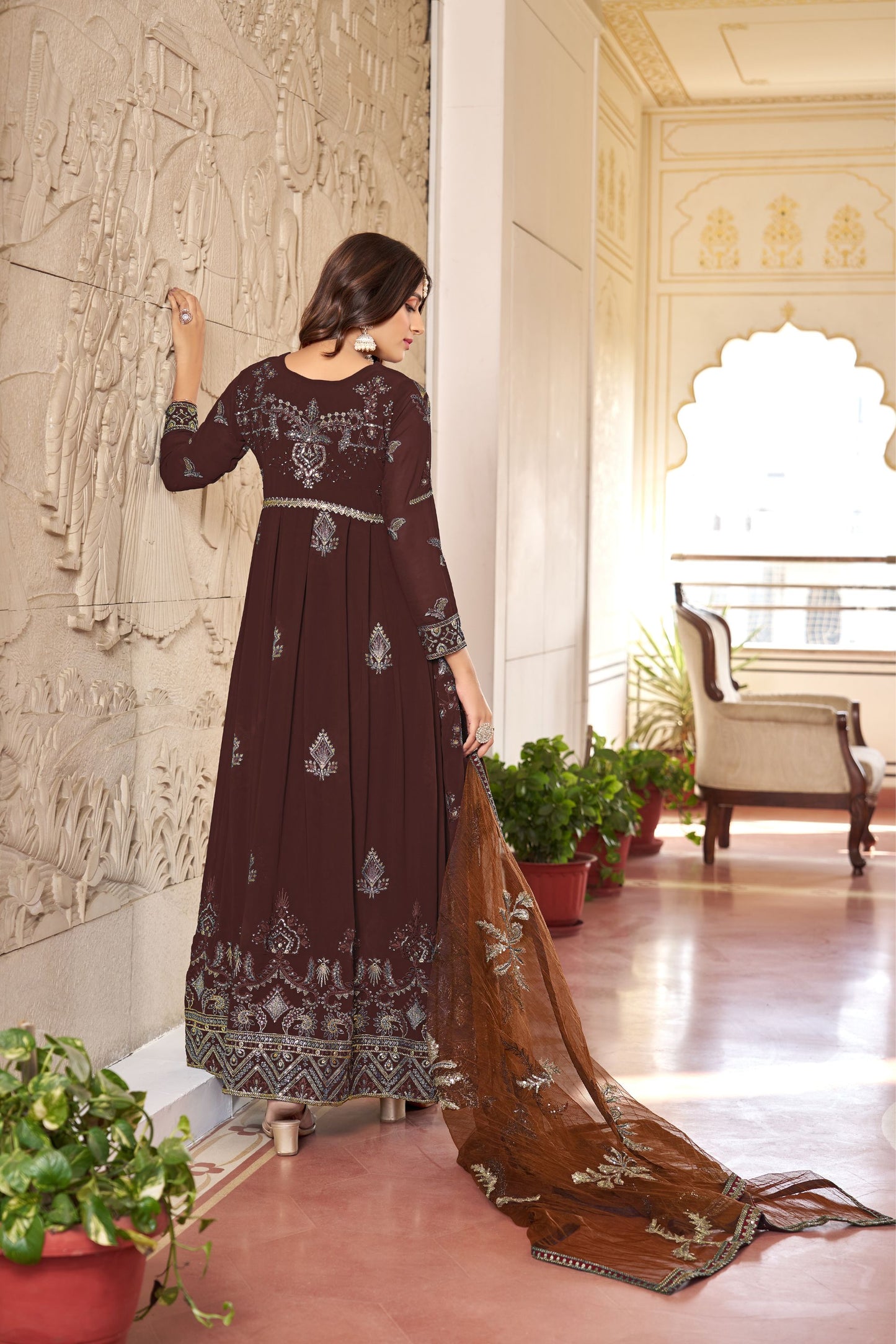 Brown Colored Faux Georgette Long Salwar Suits, Dull Santoon Bottom With Net Dupatta - Marriott Fashion