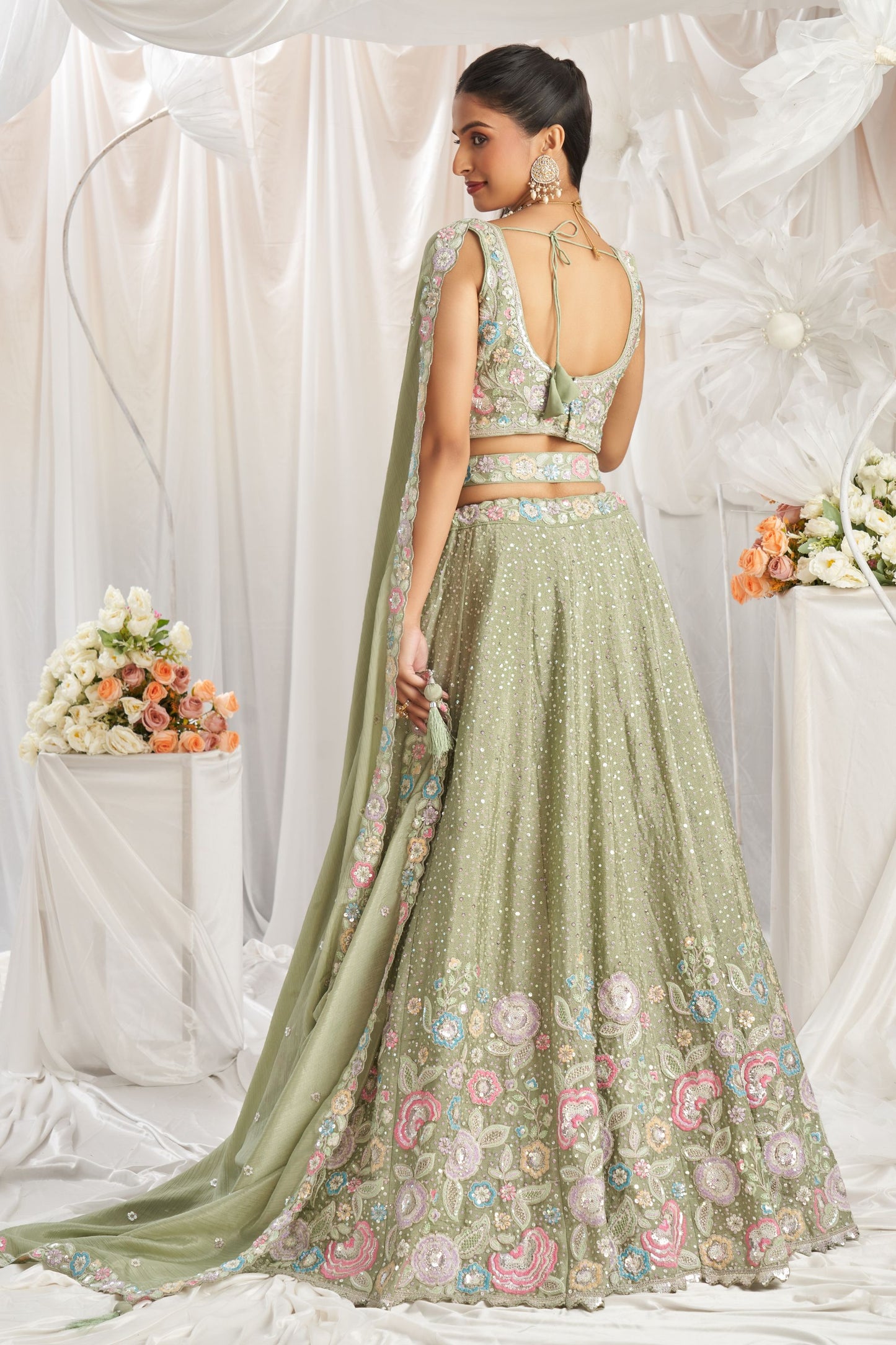 Lemon Green Poly Chiffon Sequence & Thread Worked Indian Wedding & Engagement Wear Lehenga Choli