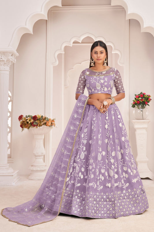 Lavender Butterfly Net Embroidery And Thread Worked Wedding Wear Lehenga Choli