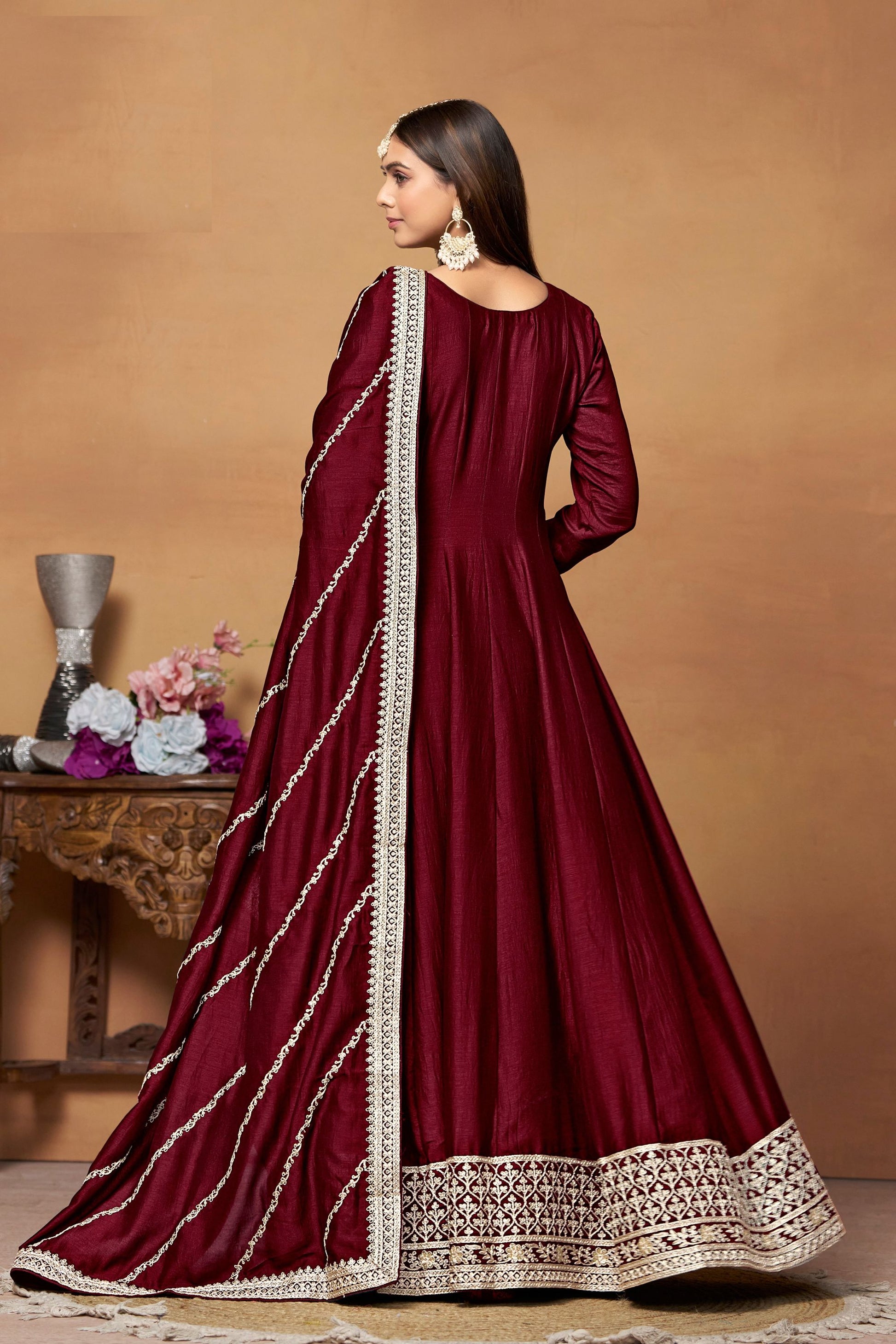 Gorgeous Marron Colored Salwar Suits In Heavy Silk, Santool Bottom With Dupatta, Indian Festival And Wedding Wear Long Gown Suits - Marriott Fashion