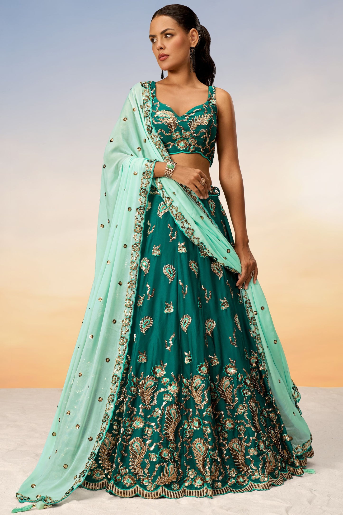 Green Heavy Georgette Sequence Worked Wedding And function Wear Lehenga Choli