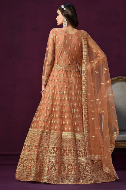 Orange Fancy Net Embroidered Wedding And Party Wear Anarkali Gown