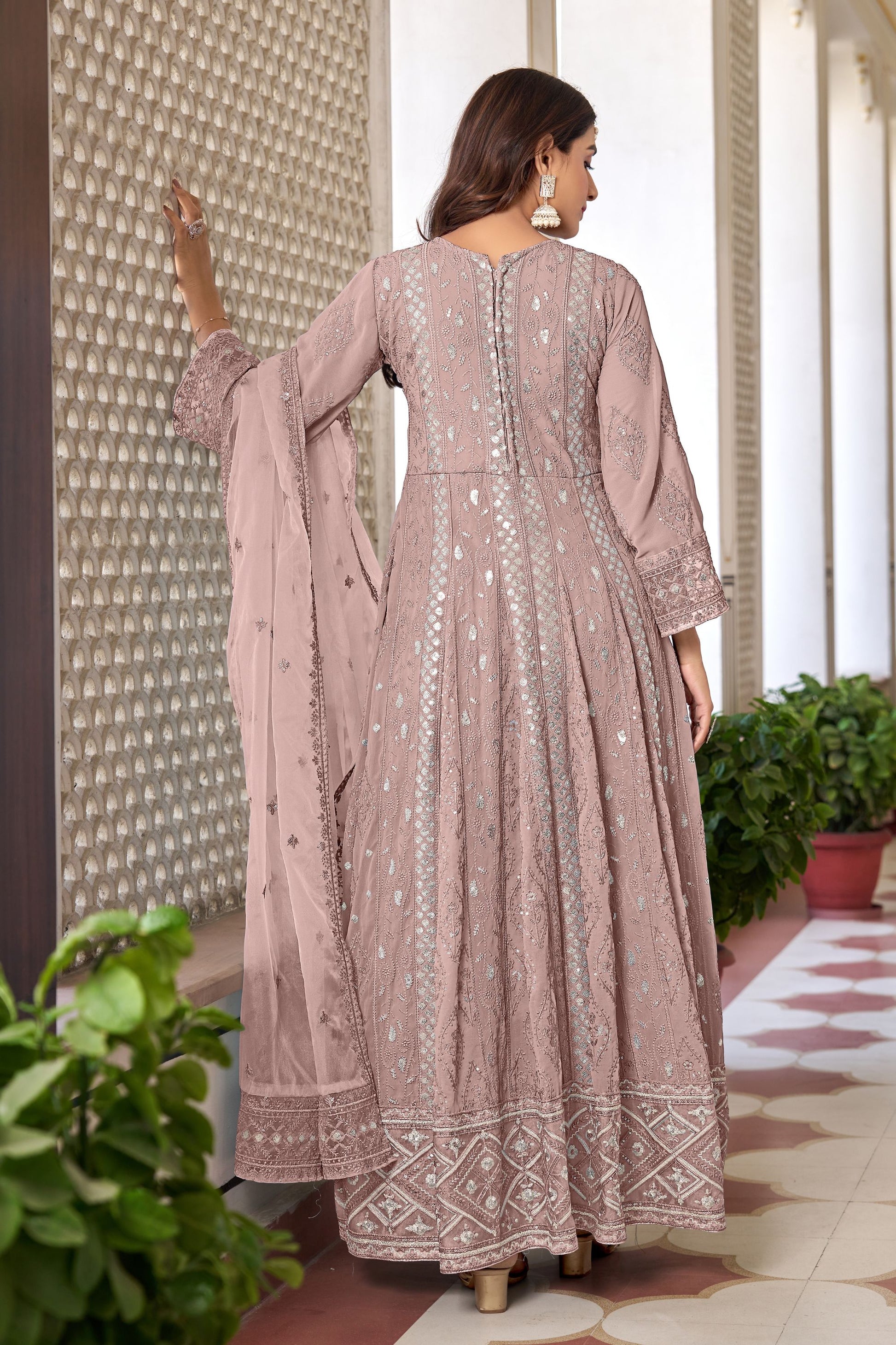 Cream Colored Slit Style Georgette Anarkali Gown With Organza Dupatta Anarkali Dress - Marriott Fashion