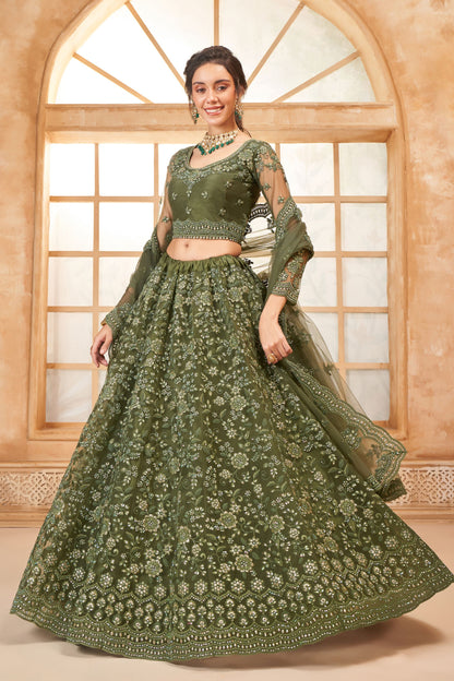 Beautiful Green Colored Heavy Net Lehenga, Un Stitched Blouse With Stone Worked Dupatta, Wedding Function Wear Lehenga Choli - Marriott Fashion