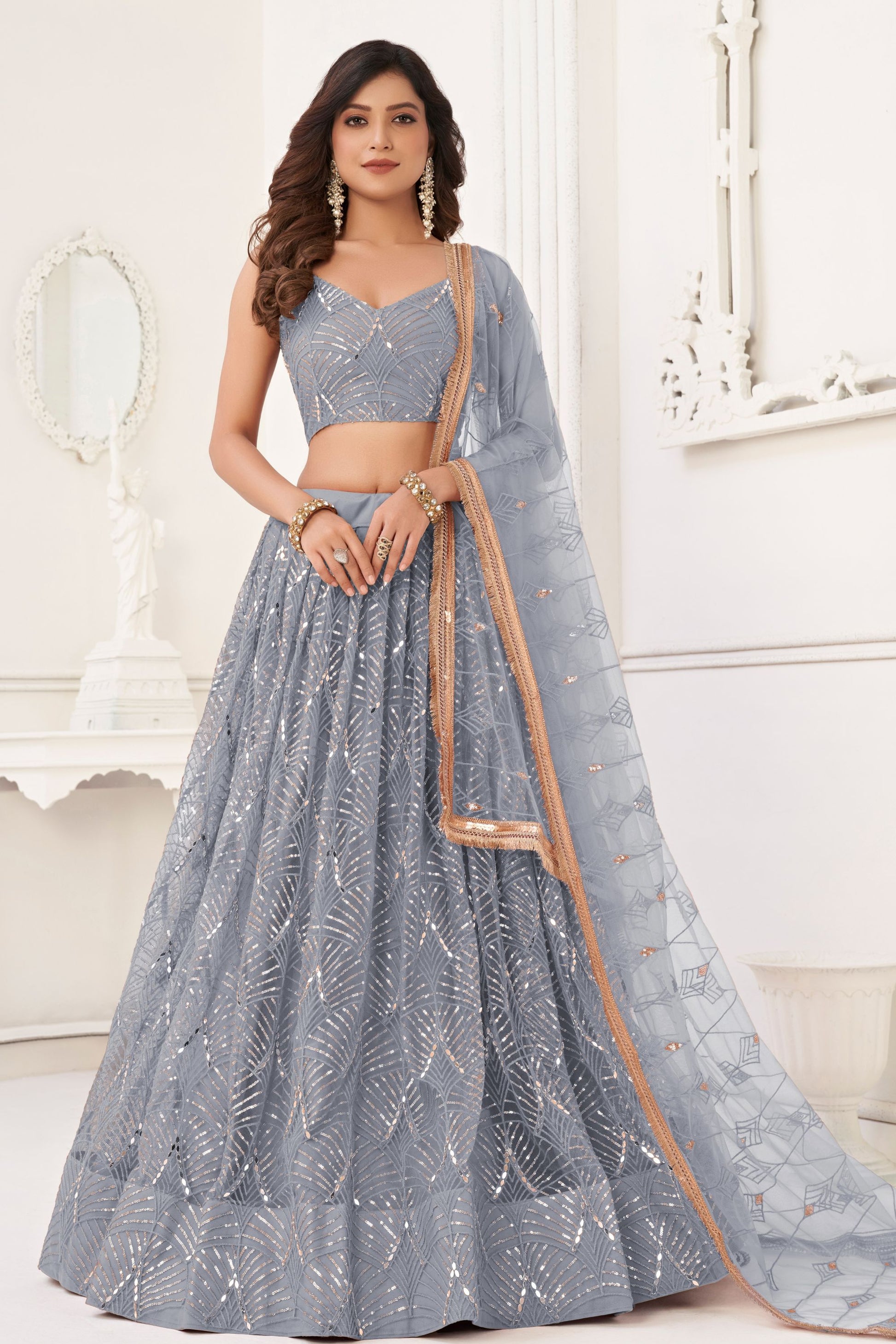 Grey Colored Butterfly Net Lehenga Choli With Embroidered Dupatta, Wedding Function Wear Lehenga Choli - Marriott Fashion