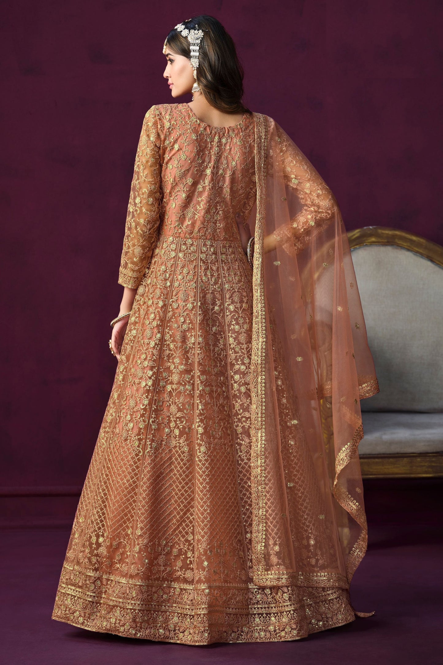 Orange Heavy Net Embroidery Worked Pakistani Festival & Wedding Wear Anarkali Gown