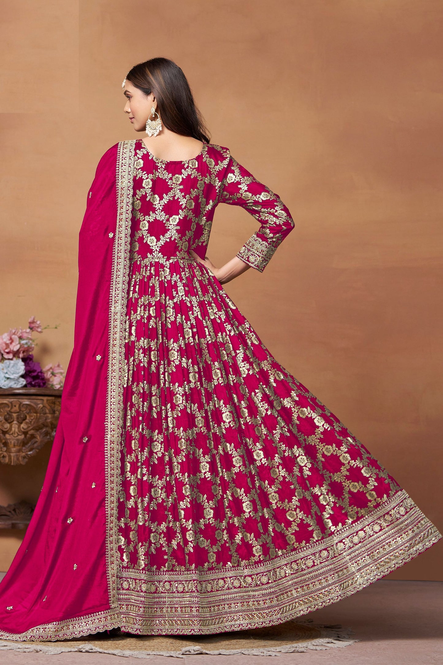 Rani Pink Dola Jacquard Silk Long Gown With Embroidery work For Wedding Function Wear Anarkali Suit