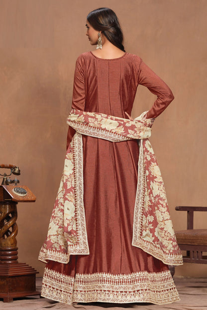 Brown Colored Heavy Art Silk Salwar Kameez With Designer Dupatta , Wedding Function Wear Long Dresses For Women