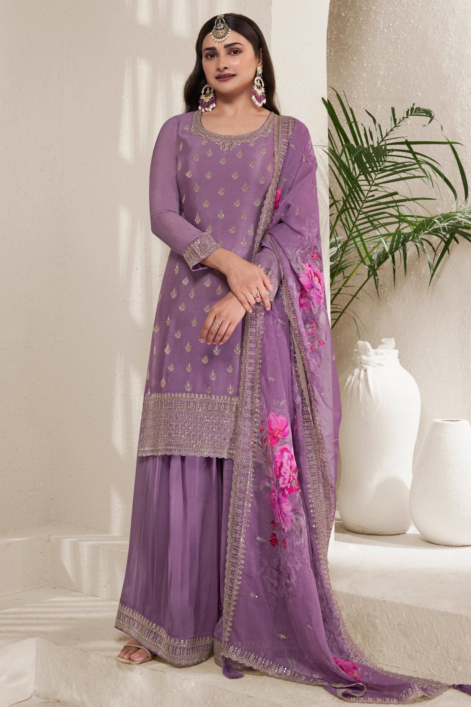 Purple Heavy Chinon Salwar Suit, Palazzo With Beautiful Dupatta, Embroidery And Multi Thread Worked Dresses - Marriott Fashion