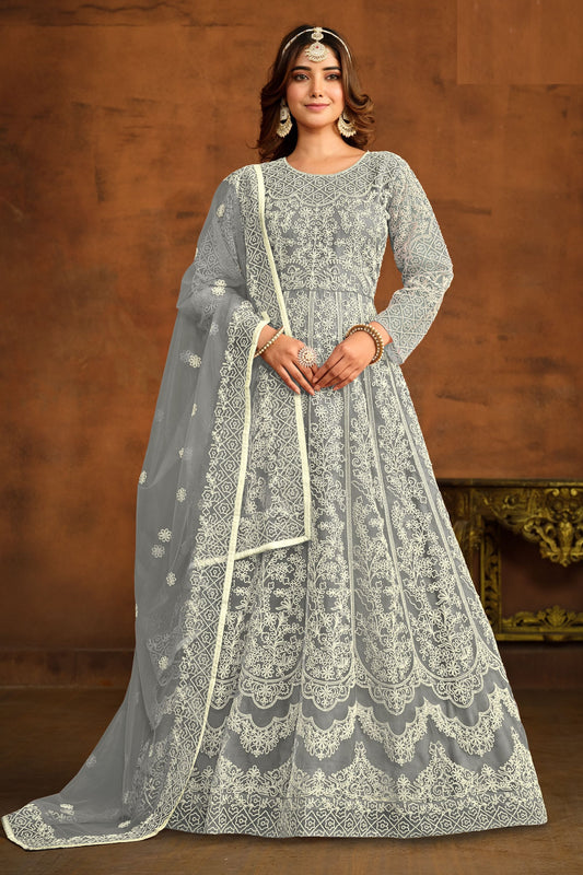 Grey Heavy Net Embroidery Worked Indian Wedding & Function Wear Anarkali Gown