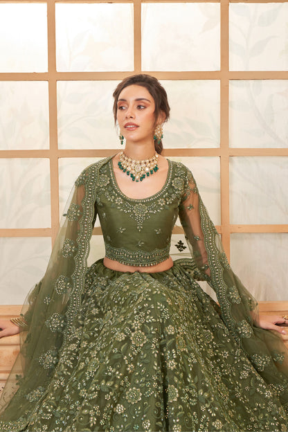 Beautiful Green Colored Heavy Net Lehenga, Un Stitched Blouse With Stone Worked Dupatta, Wedding Function Wear Lehenga Choli - Marriott Fashion