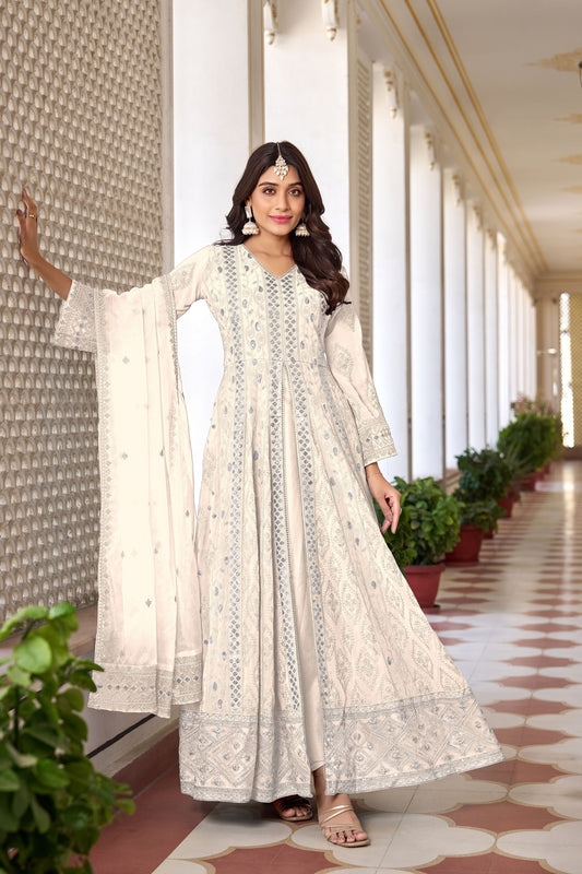 White Attractive Georgette Salwar Kameez With Designer Organza Dupatta For Wedding & Festival Wear - Marriott Fashion