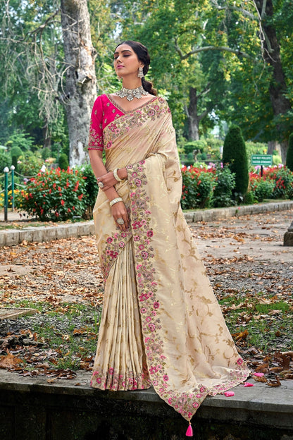 Raw Silk Saree With Pink Wedding & Party Wear Embroidered Blouse Saree - Marriott Fashion