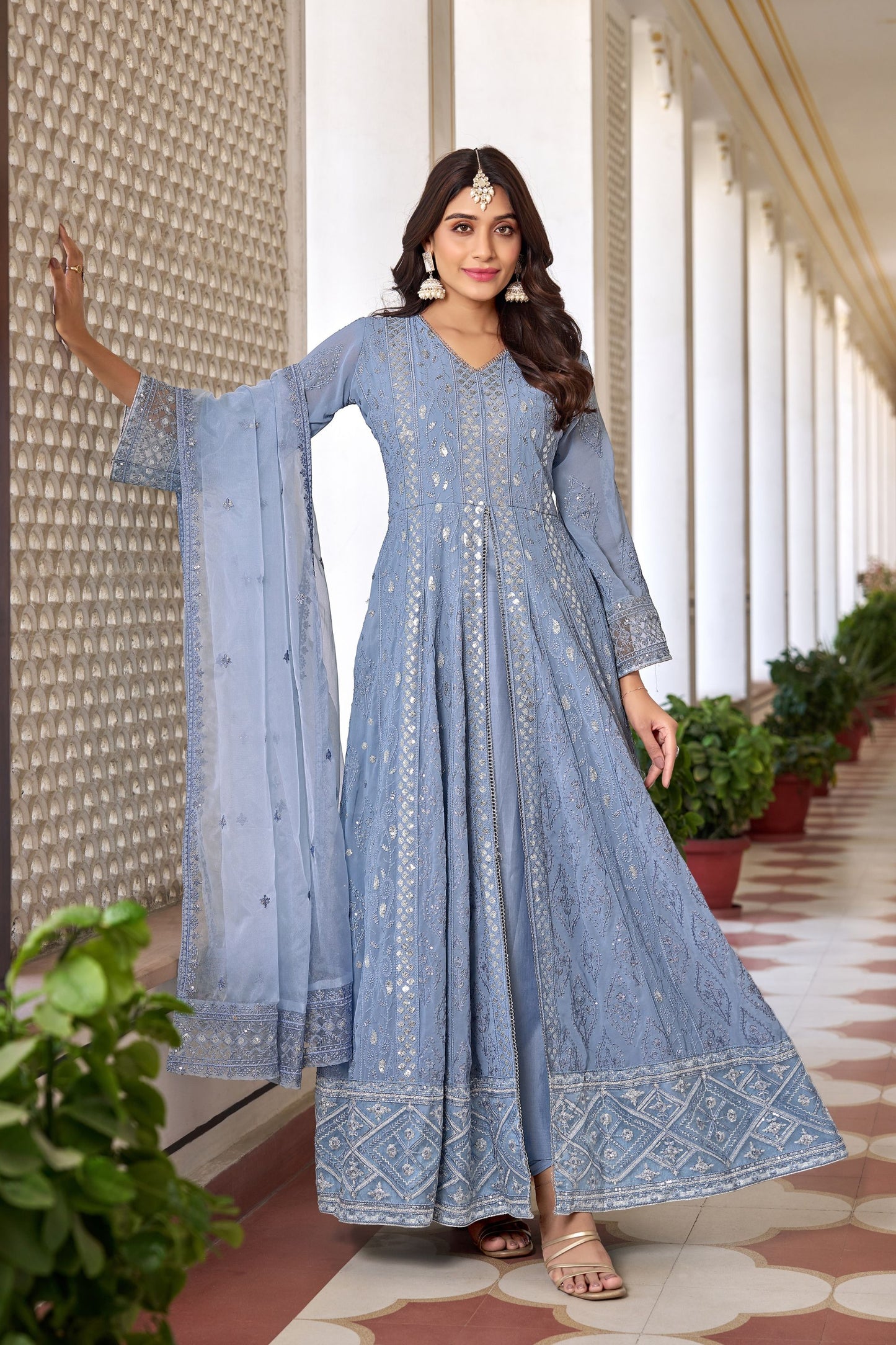 Most Beautiful Blue Georgette Colored Anarkali Gown Suit With Designer Dupatta, Festival Wear Slit Style  Salwar Kameez - Marriott Fashion