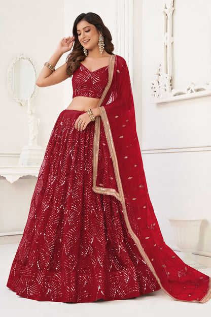 Red Heavy Net Thread &Embroidery Worked Wedding Function Wear Lehenga Choli