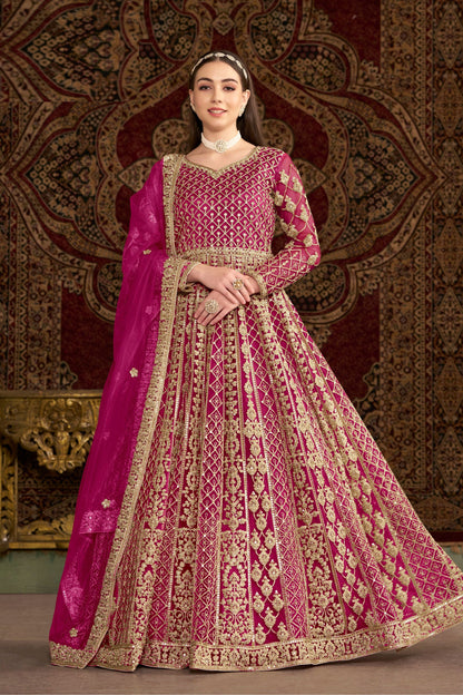 Pink Heavy Net Wonderful Embroidery Worked Pakistani Wedding Wear Anarkali Gown