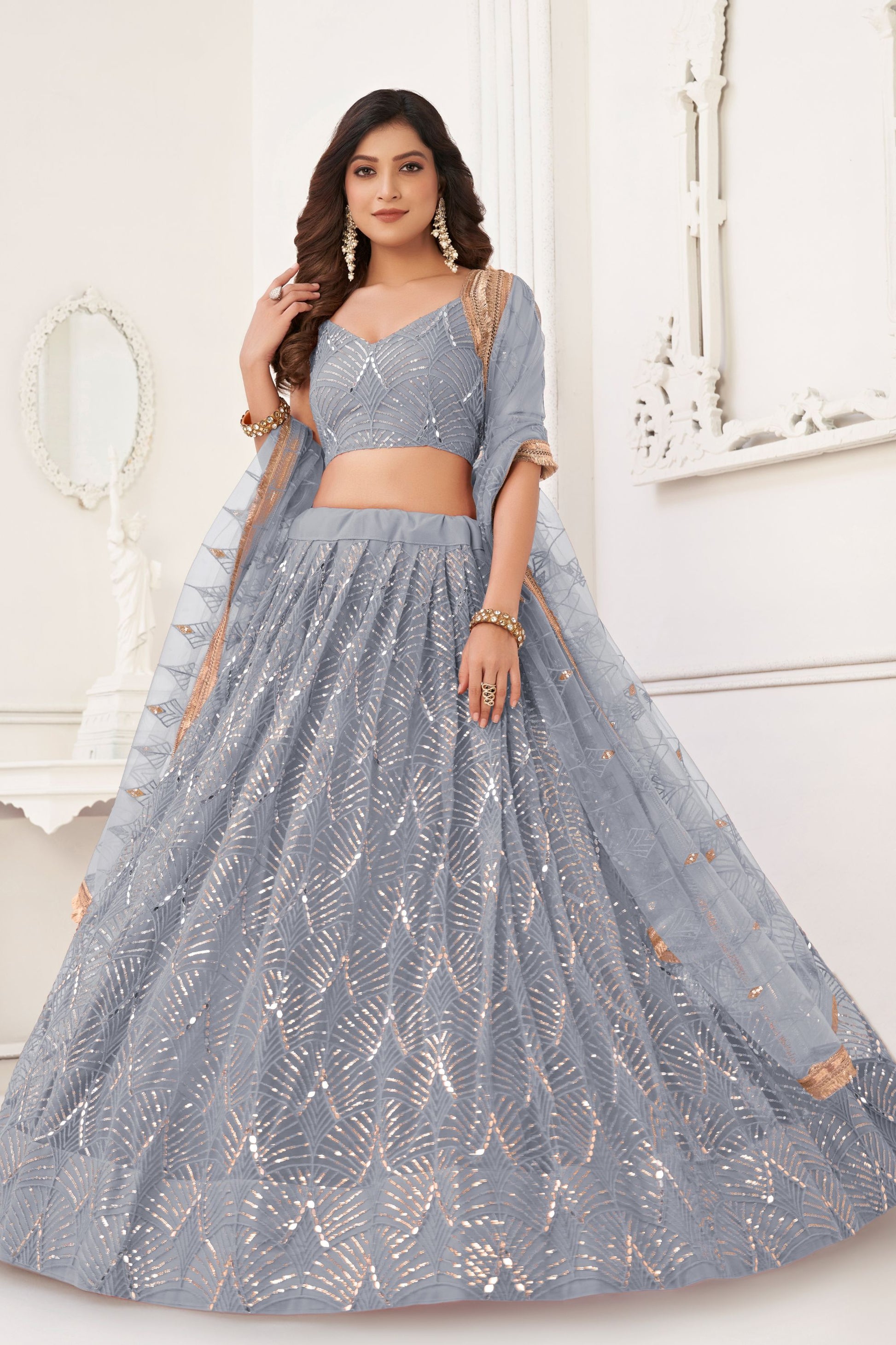 Grey Colored Butterfly Net Lehenga Choli With Embroidered Dupatta, Wedding Function Wear Lehenga Choli - Marriott Fashion