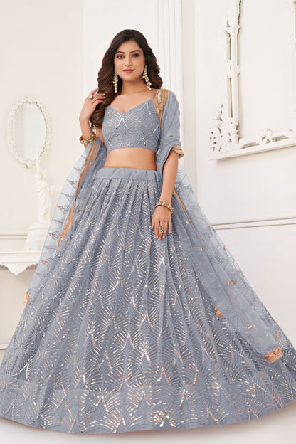 Grey Colored Butterfly Net Lehenga Choli With Embroidered Dupatta, Wedding Function Wear Lehenga Choli - Marriott Fashion