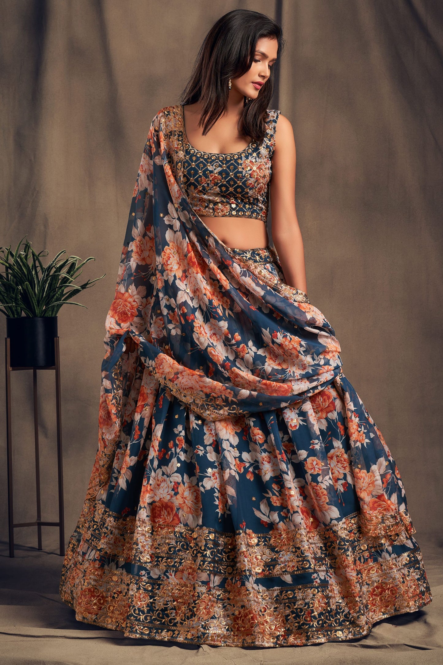 Blue Printed Organza Sequence And Zari Worked Indian Wedding & Festival Wear Lehenga Choli