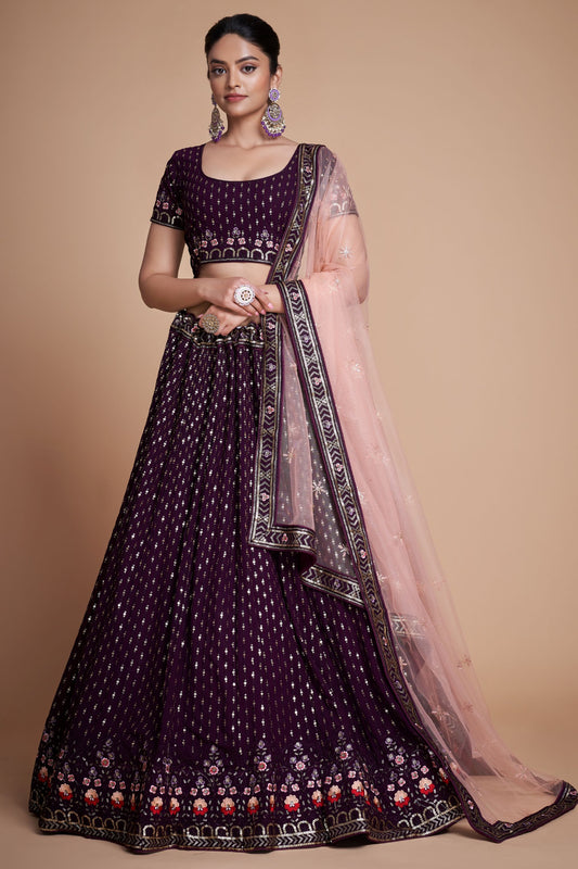 Wine Georgette Lehenga Choli with Embroidery And Lace Worked Dupatta, Bollywood Style Lehenga Choli - Marriott Fashion