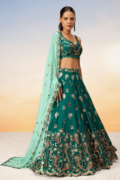 Green Heavy Georgette Sequence Worked Wedding And function Wear Lehenga Choli