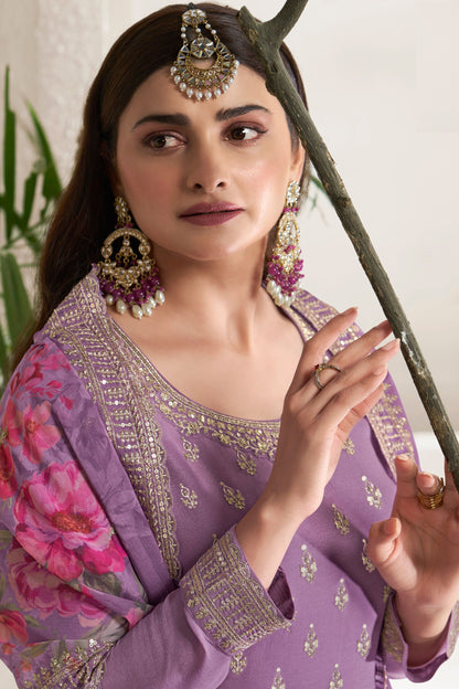 Purple Heavy Chinon Salwar Suit, Palazzo With Beautiful Dupatta, Embroidery And Multi Thread Worked Dresses - Marriott Fashion