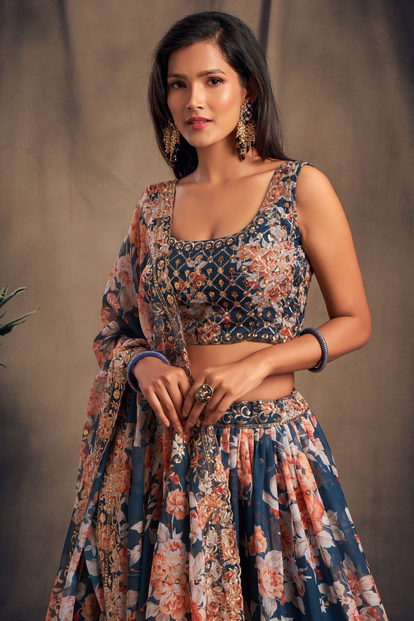 Blue Printed Organza Sequence And Zari Worked Indian Wedding & Festival Wear Lehenga Choli