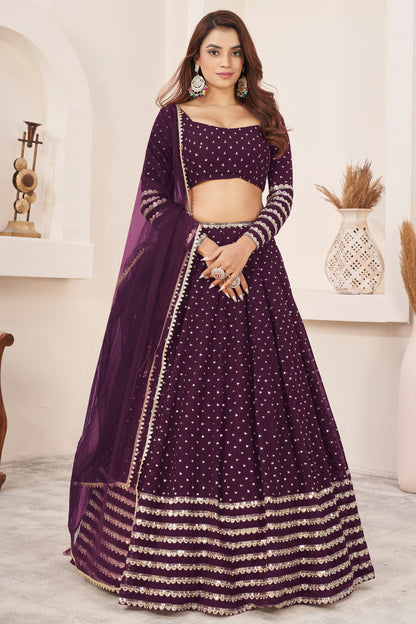 Attractive Wine Colored Heavy Georgette Lehenga, Designer Blouse Piece With Soft Net Dupatta - Marriott Fashion