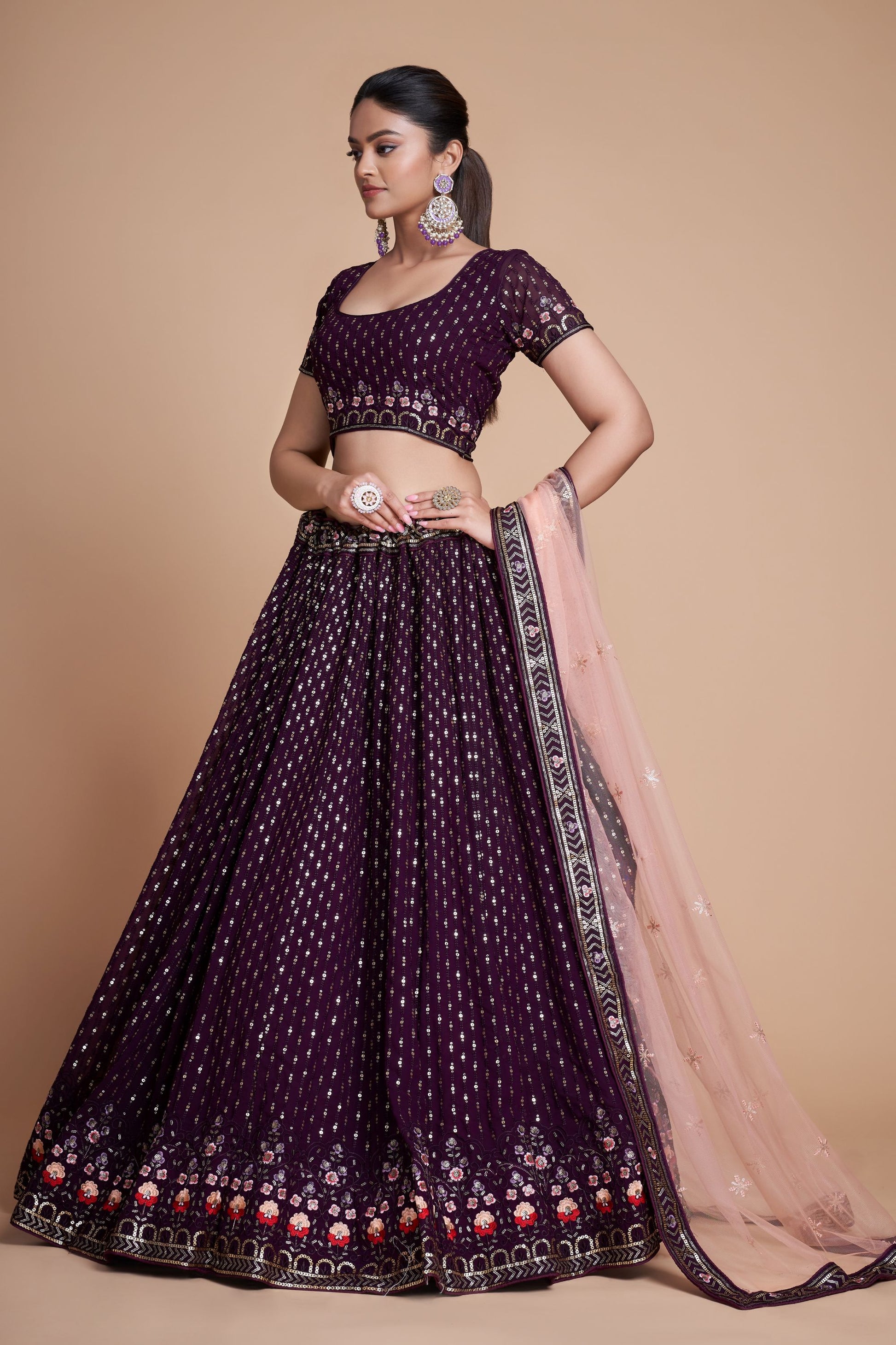 Wine Georgette Lehenga Choli with Embroidery And Lace Worked Dupatta, Bollywood Style Lehenga Choli - Marriott Fashion