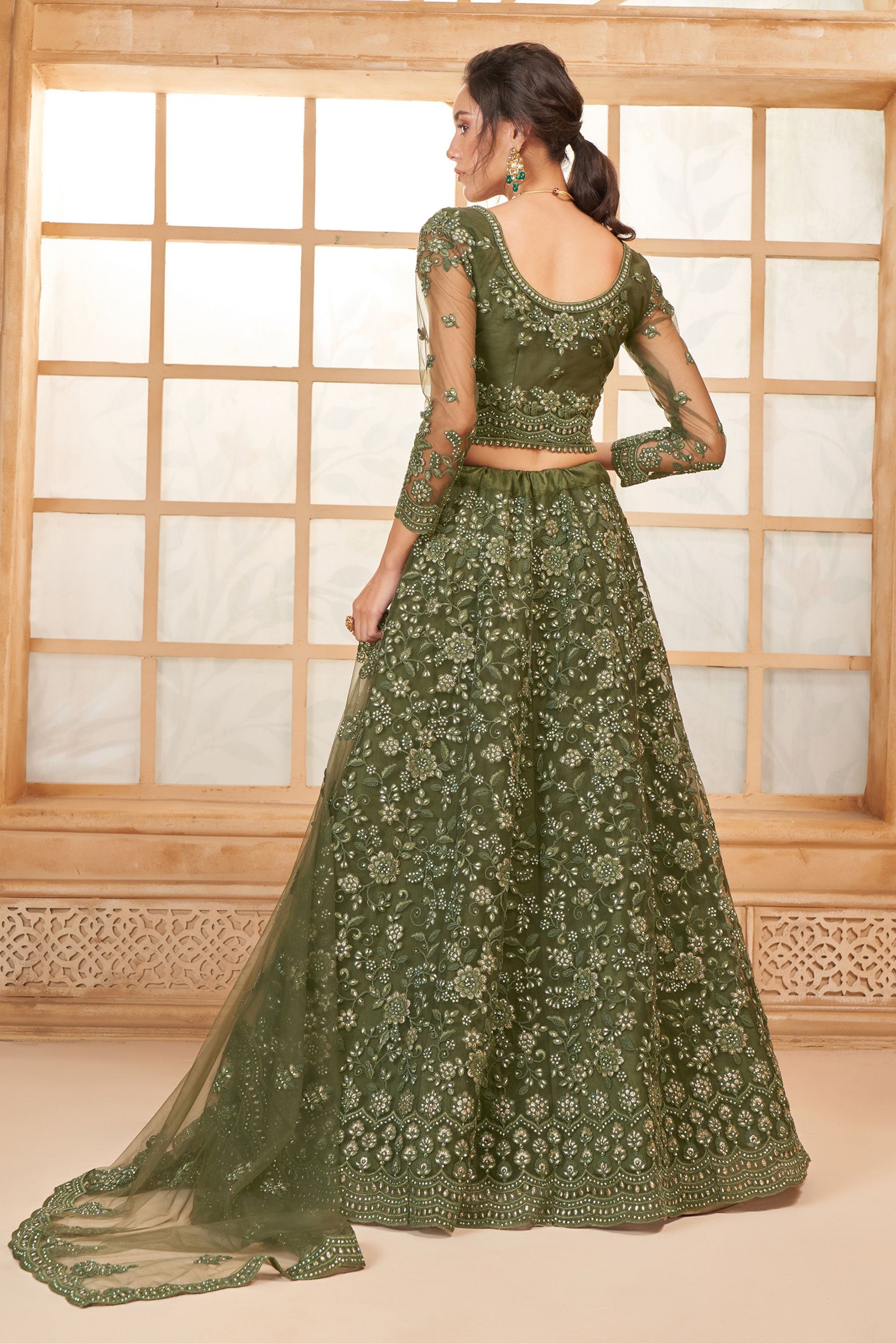 Beautiful Green Colored Heavy Net Lehenga, Un Stitched Blouse With Stone Worked Dupatta, Wedding Function Wear Lehenga Choli - Marriott Fashion