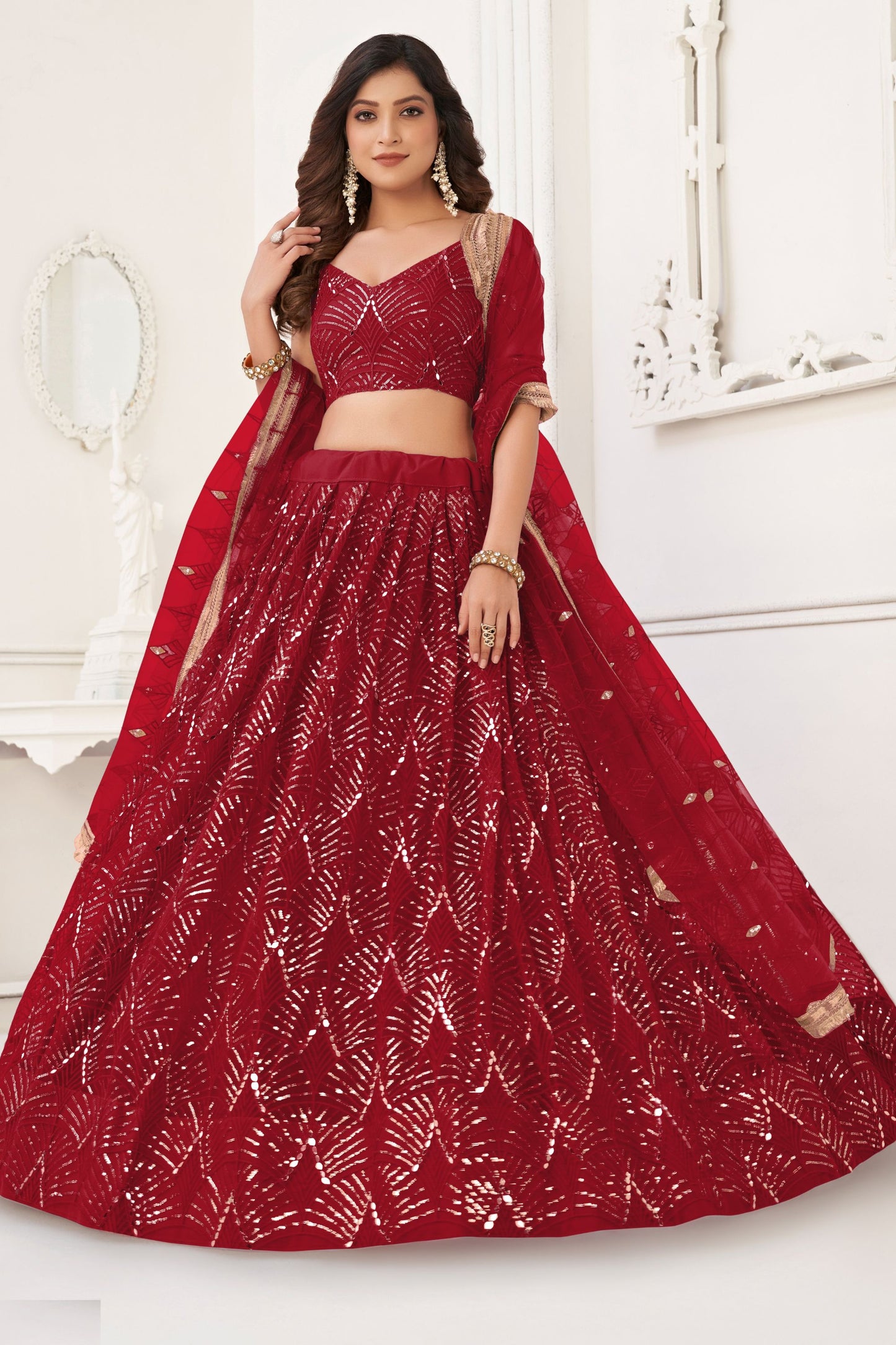 Red Heavy Net Thread &Embroidery Worked Wedding Function Wear Lehenga Choli