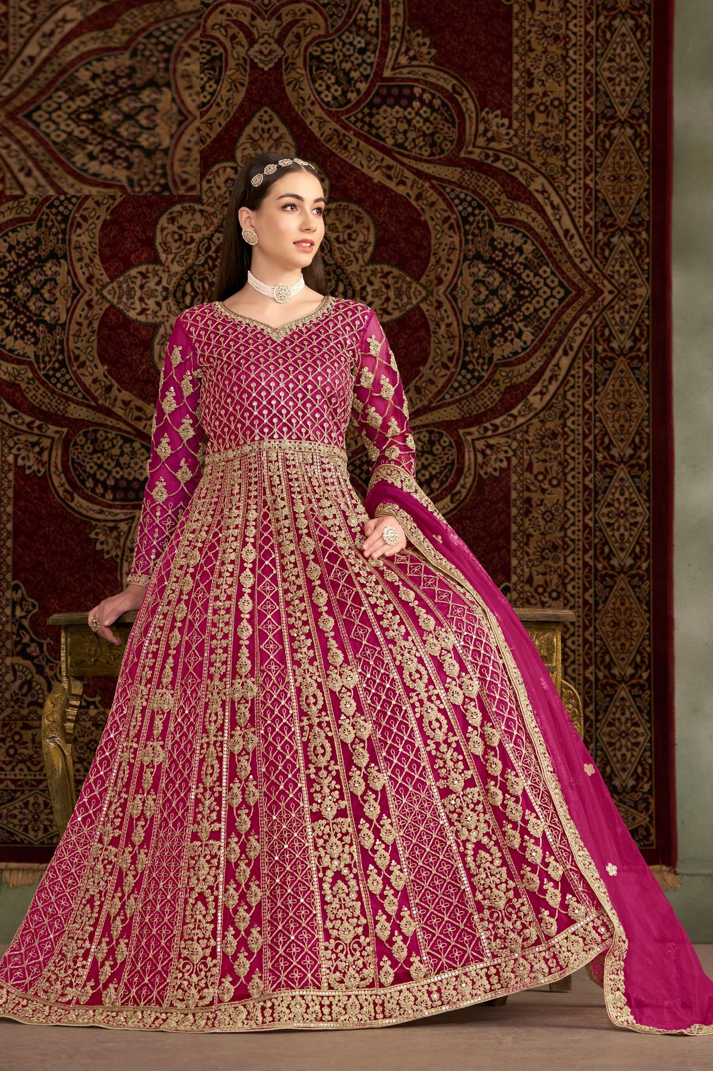 Pink Heavy Net Wonderful Embroidery Worked Pakistani Wedding Wear Anarkali Gown