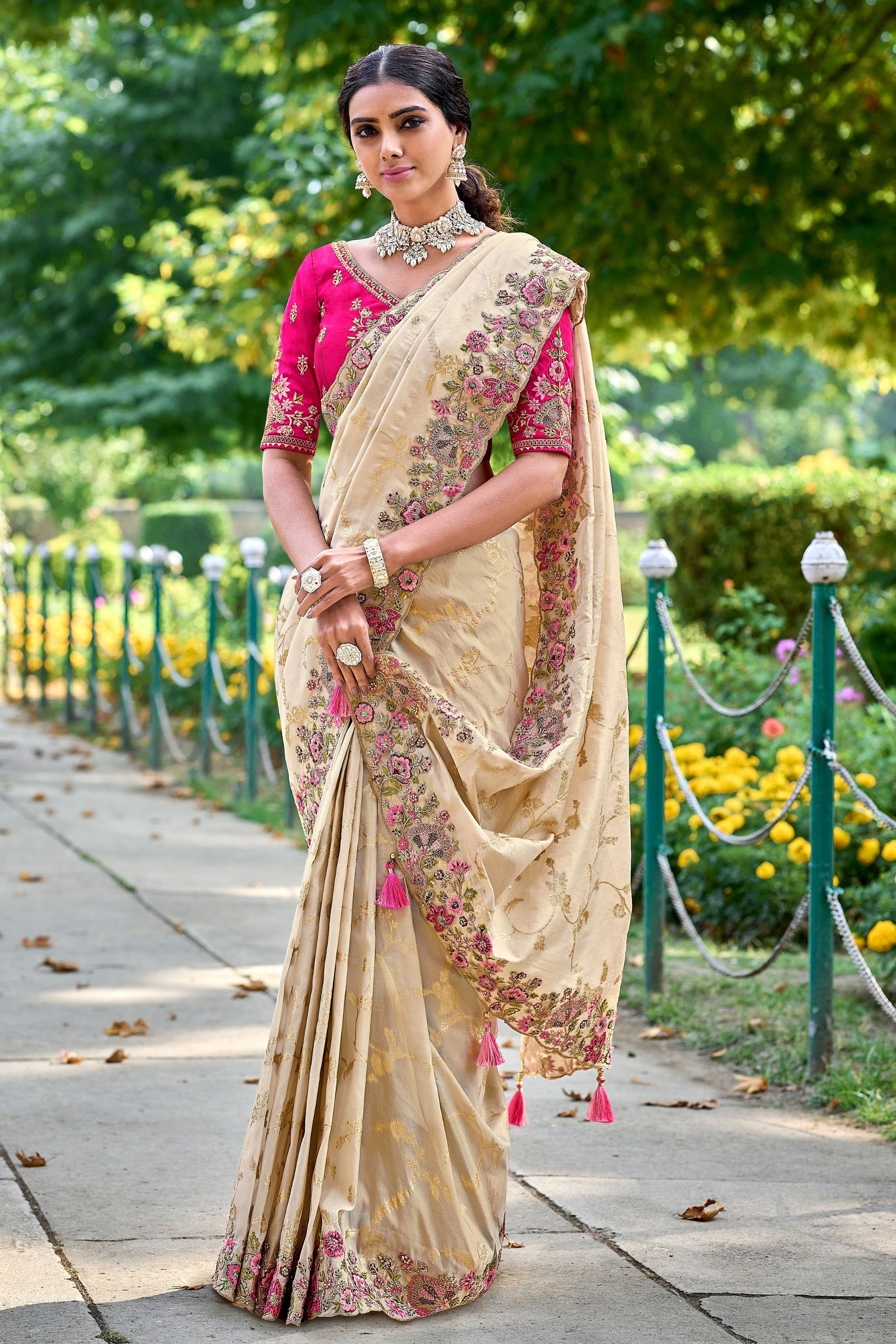 Raw Silk Saree With Pink Wedding & Party Wear Embroidered Blouse Saree - Marriott Fashion