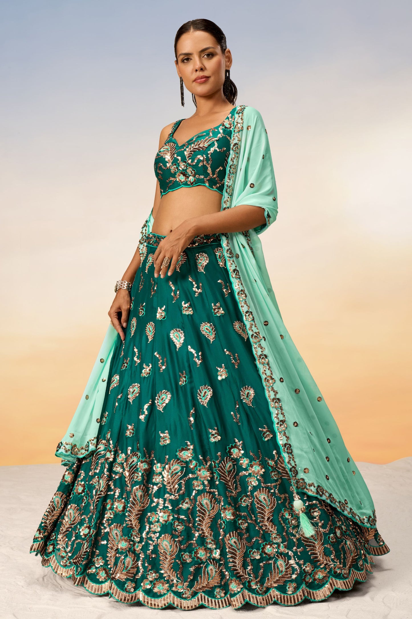 Green Heavy Georgette Sequence Worked Wedding And function Wear Lehenga Choli