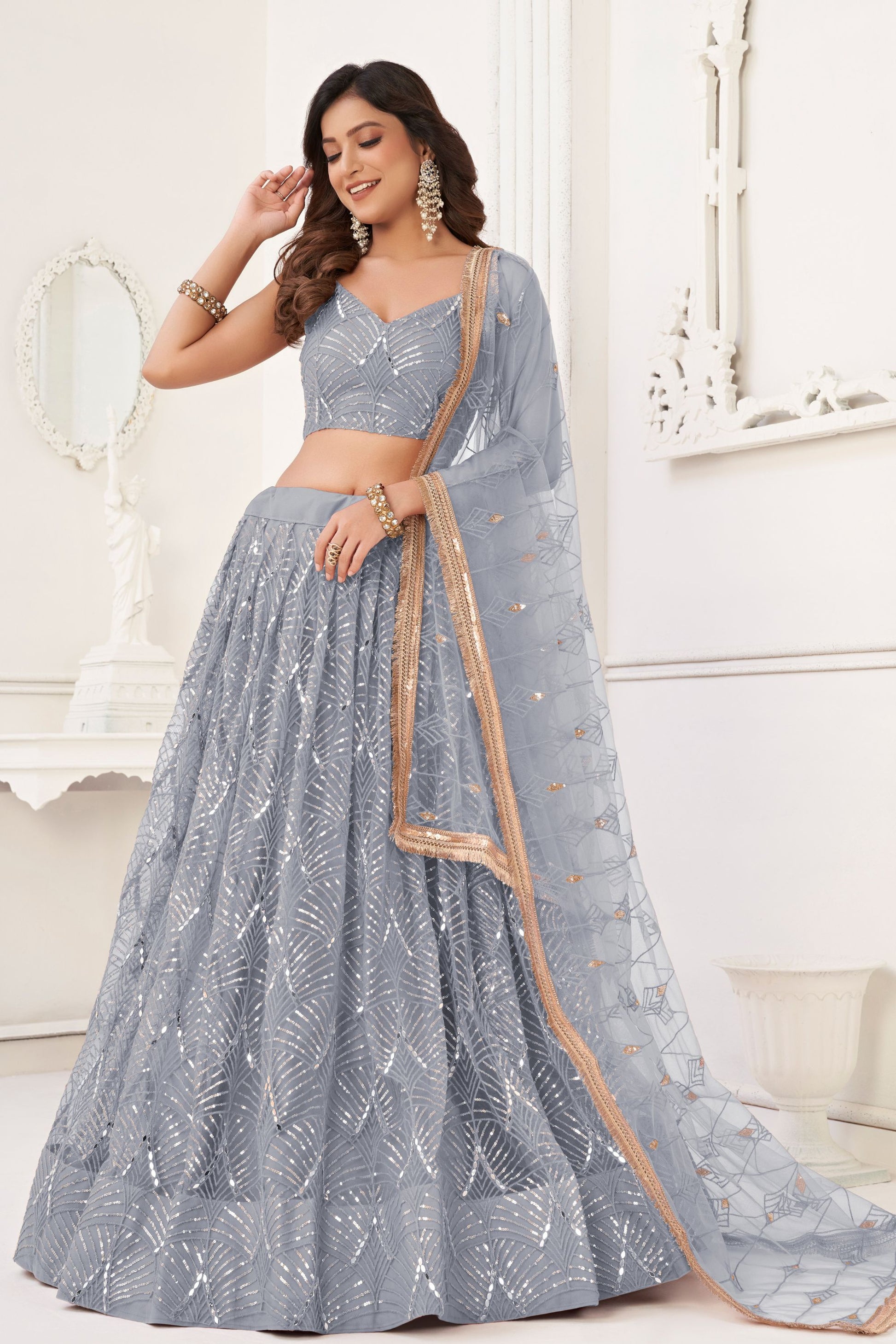 Grey Colored Butterfly Net Lehenga Choli With Embroidered Dupatta, Wedding Function Wear Lehenga Choli - Marriott Fashion