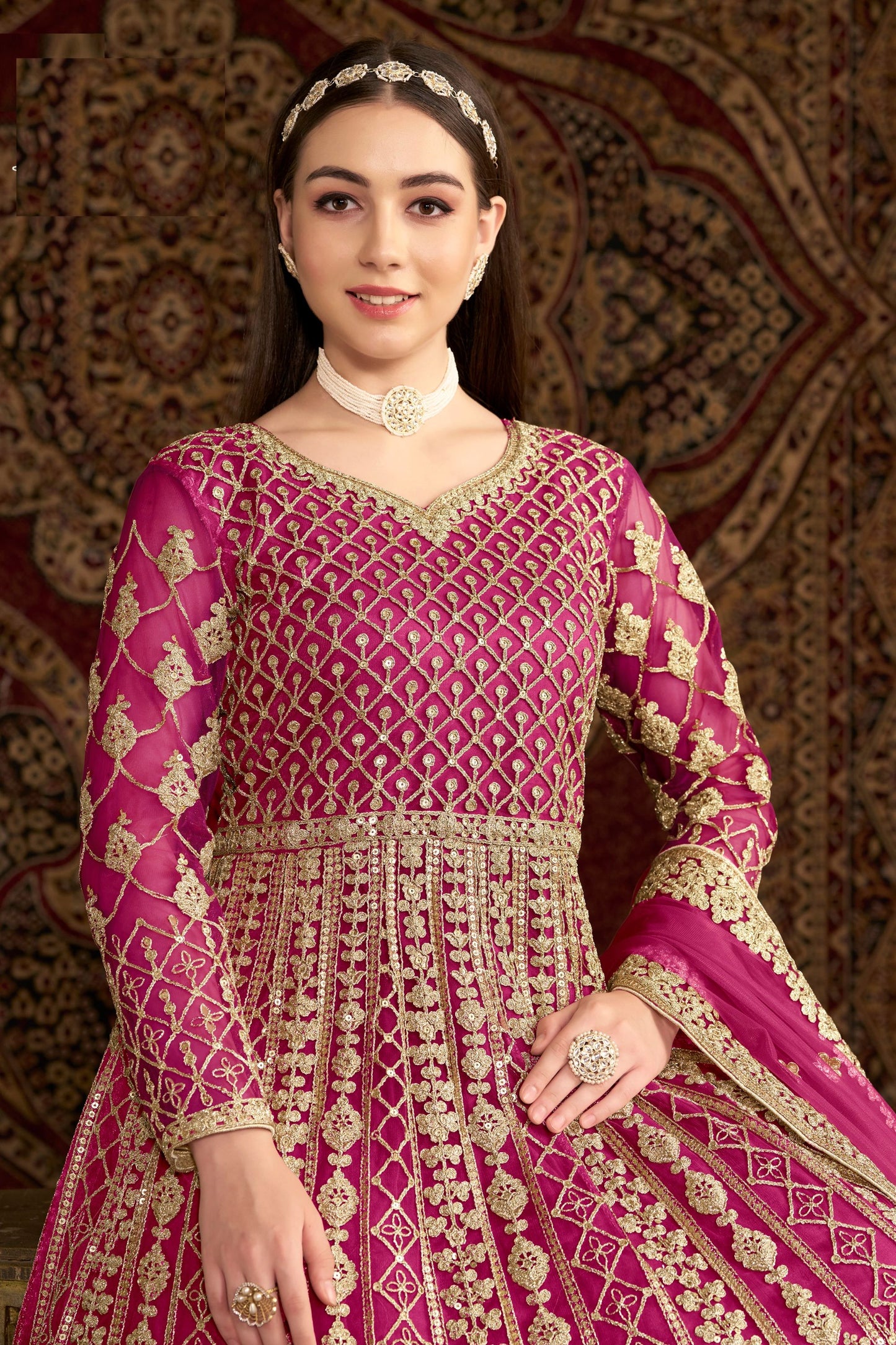 Pink Heavy Net Wonderful Embroidery Worked Pakistani Wedding Wear Anarkali Gown