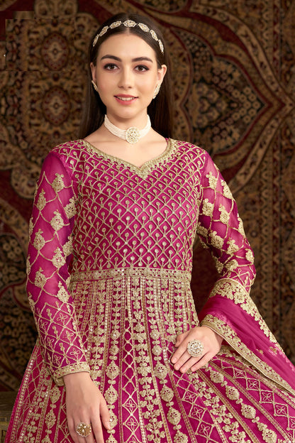 Pink Heavy Net Wonderful Embroidery Worked Pakistani Wedding Wear Anarkali Gown