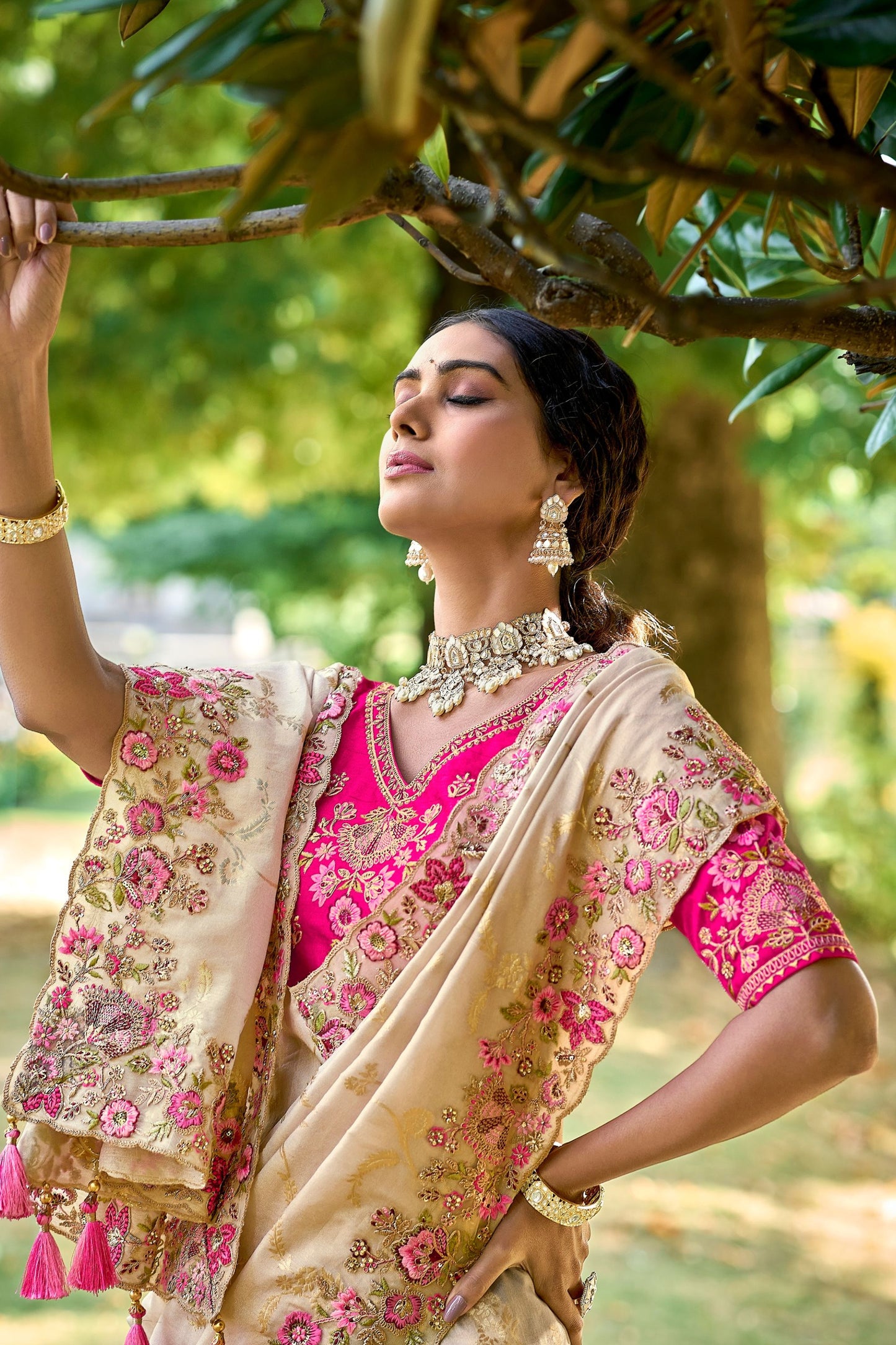 Raw Silk Saree With Pink Wedding & Party Wear Embroidered Blouse Saree - Marriott Fashion