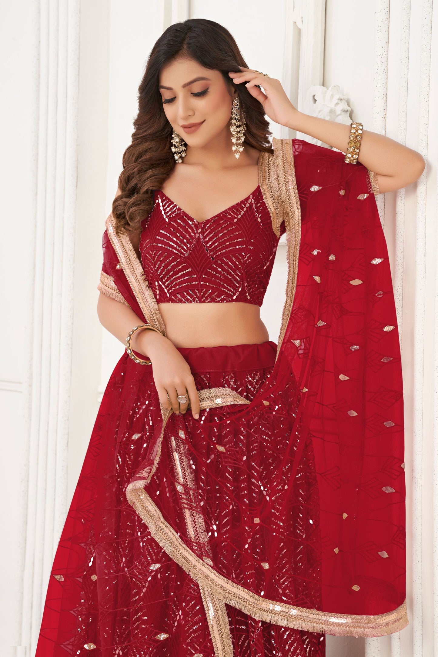 Red Heavy Net Thread &Embroidery Worked Wedding Function Wear Lehenga Choli