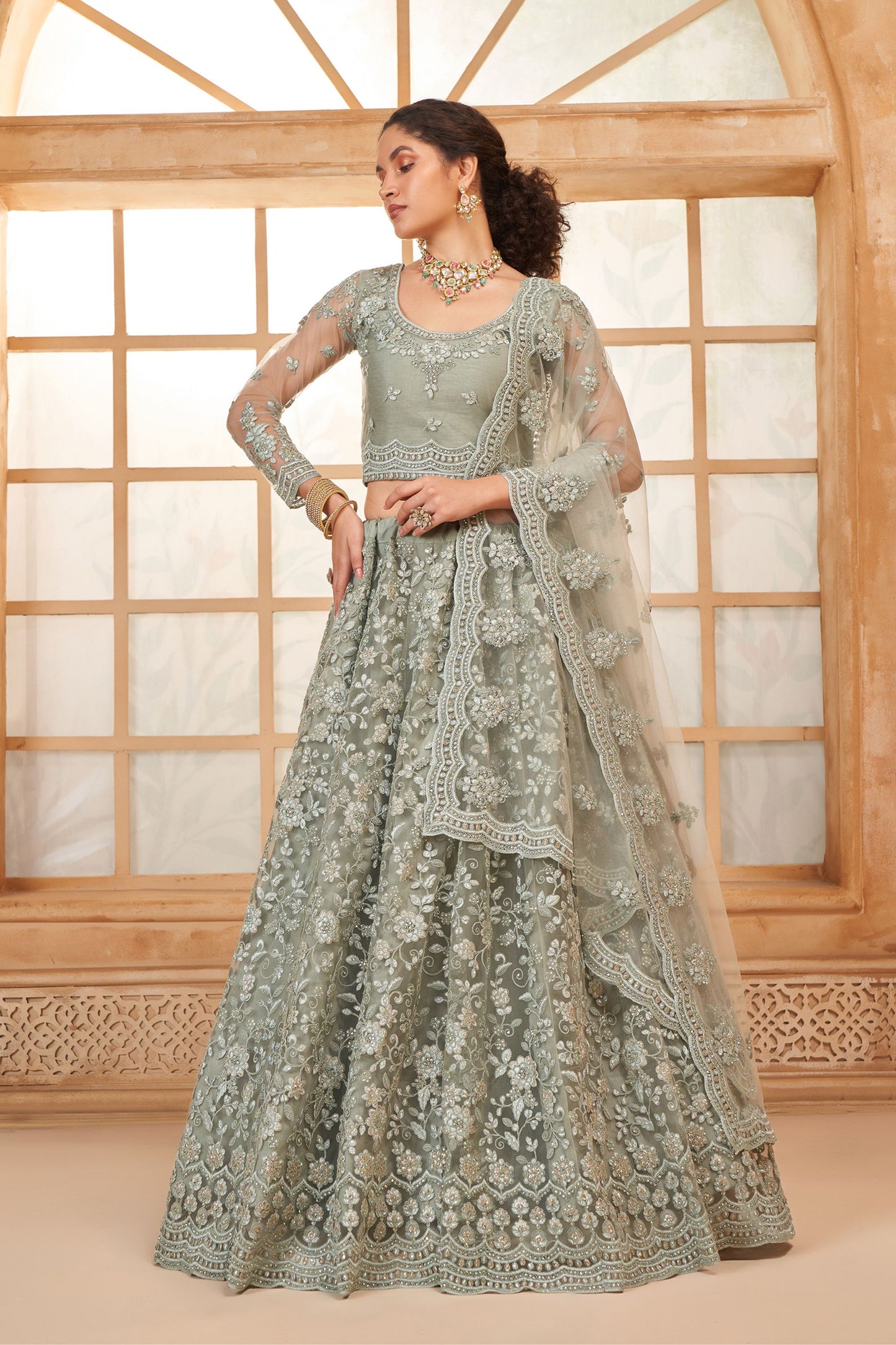 Beautiful Green Colored Heavy Net Lehenga, Un Stitched Blouse With Stone Worked Dupatta, Wedding Function Wear Lehenga Choli - Marriott Fashion