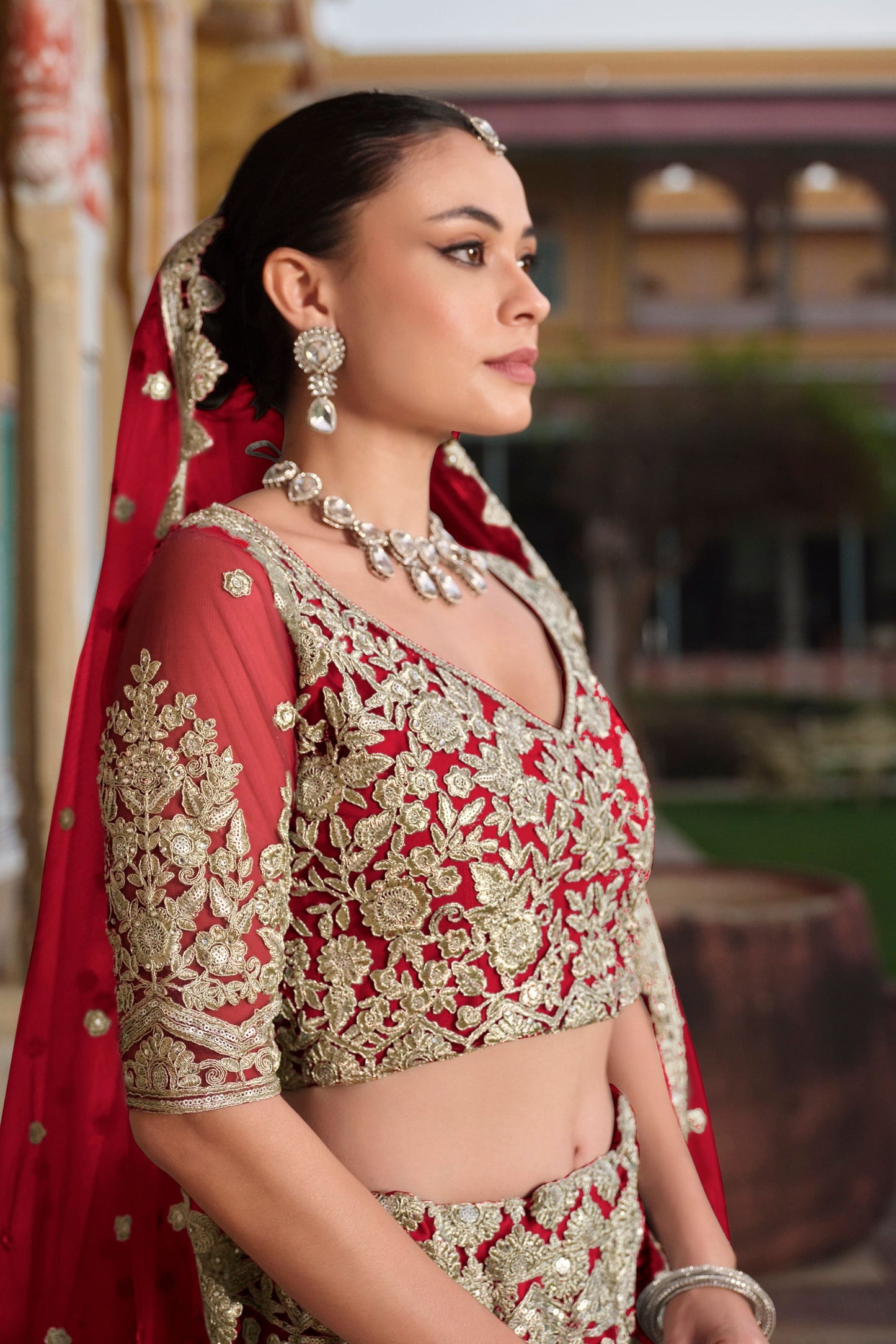 Red Heavy Butterfly Net Embroidery Worked Wedding & Festival Wear Lehenga Choli