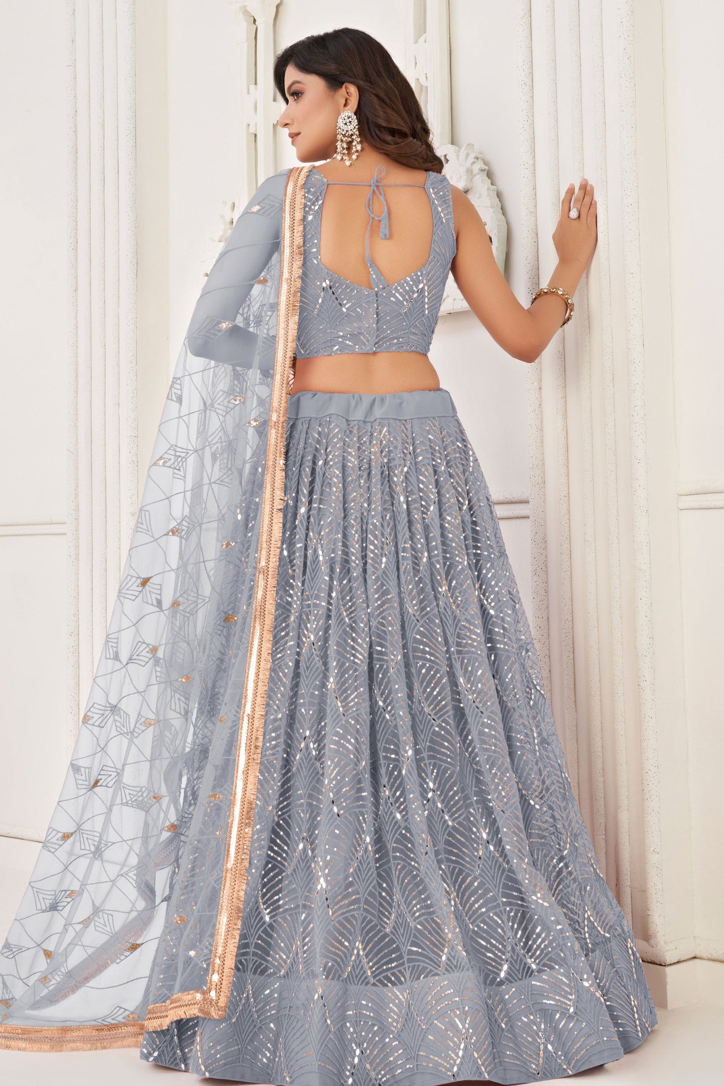 Grey Colored Butterfly Net Lehenga Choli With Embroidered Dupatta, Wedding Function Wear Lehenga Choli - Marriott Fashion