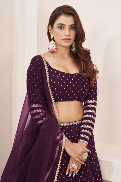 Attractive Wine Colored Heavy Georgette Lehenga, Designer Blouse Piece With Soft Net Dupatta - Marriott Fashion