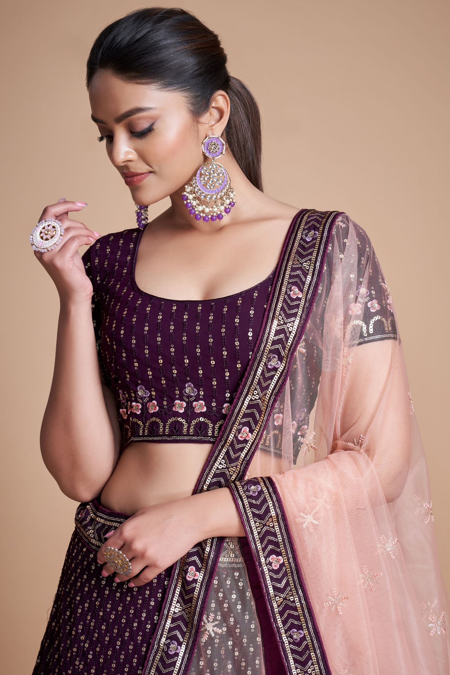 Wine Georgette Lehenga Choli with Embroidery And Lace Worked Dupatta, Bollywood Style Lehenga Choli - Marriott Fashion