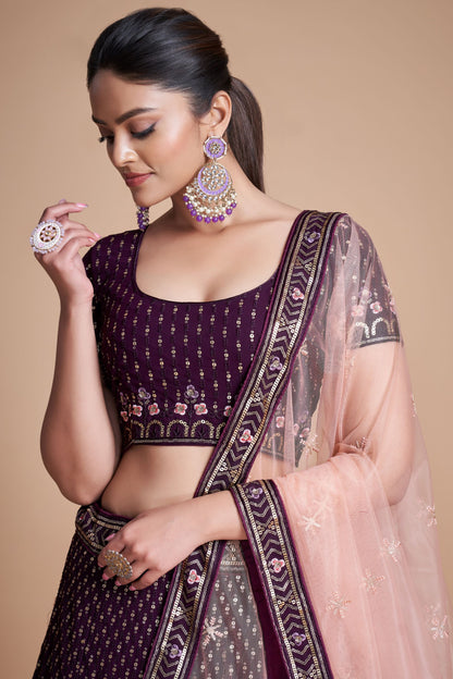 Wine Georgette Lehenga Choli with Embroidery And Lace Worked Dupatta, Bollywood Style Lehenga Choli - Marriott Fashion