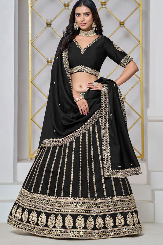 Black Colored Art Silk Lehenga Choli With Embroidered Dupatta for Indian Wedding & Festival Wear - Marriott Fashion