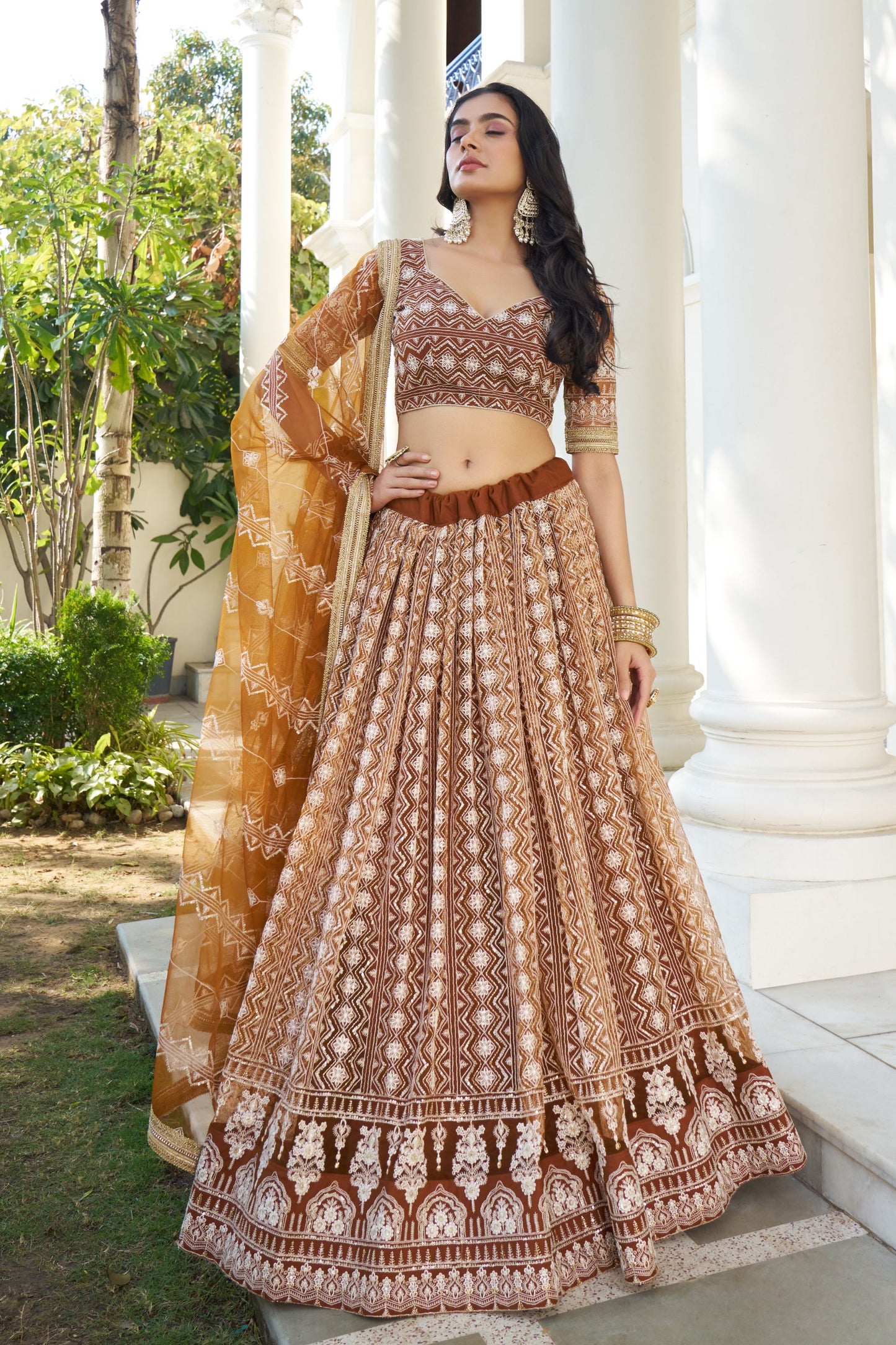 Engagement Wear Brown Colored Butterfly Net Lehenga With Dupatta, Embroidery & Thread Worked Lehenga Choli - Marriott Fashion