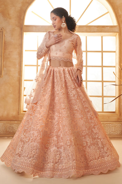 Peach Designer Heavy Net Lehenga Choli With Beautiful Embroidered Dupatta - Marriott Fashion